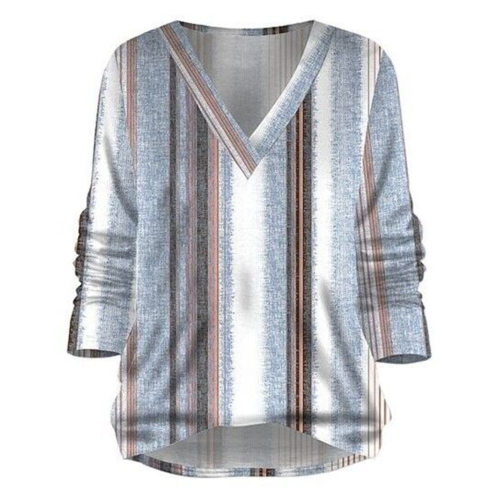 UDEAR Steel Blue& Taupe Stripe V Neck Long Sleeve Top Size M